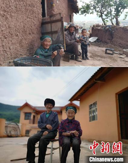 上圖為甲甲溝村村民羅木你坡夫婦所住的舊房，下圖為夫婦倆遷入的新居。(拼版圖) 張浪 攝